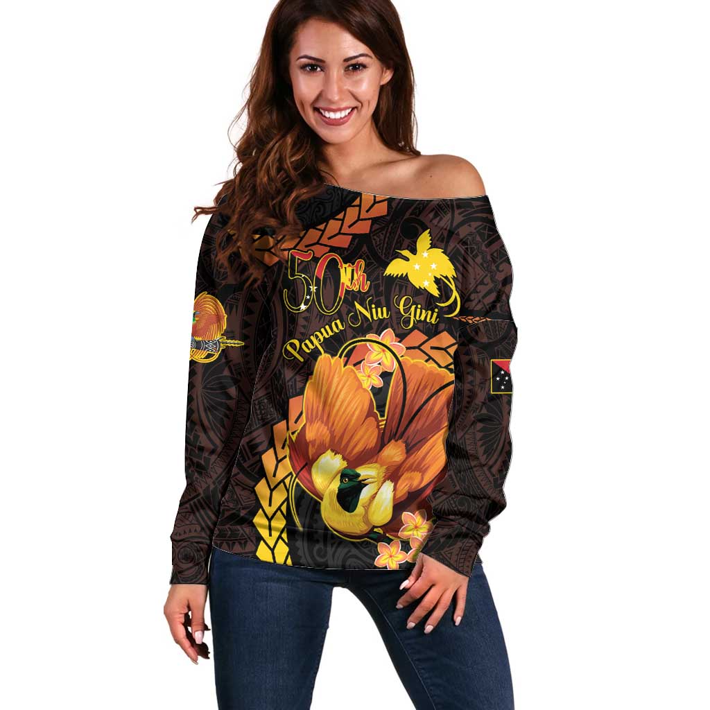 Papua New Guinea Independence Day Off Shoulder Sweater 50th Anniversary Papua Niu Gini Bird Of Paradise LT14 Women Black - Polynesian Pride