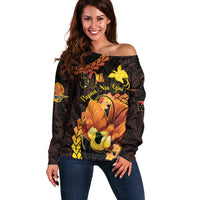 Papua New Guinea Independence Day Off Shoulder Sweater 50th Anniversary Papua Niu Gini Bird Of Paradise LT14 Women Black - Polynesian Pride