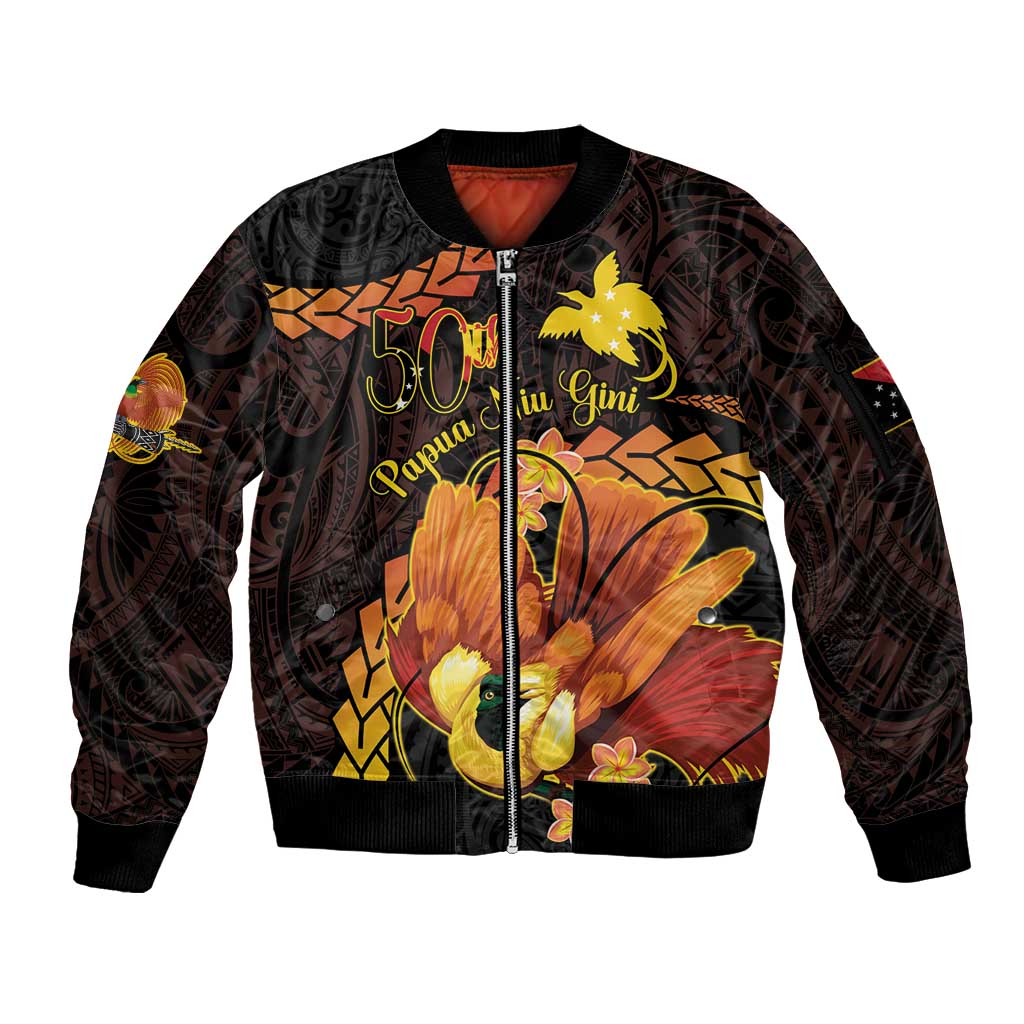 Papua New Guinea Independence Day Sleeve Zip Bomber Jacket 50th Anniversary Papua Niu Gini Bird Of Paradise LT14 Unisex Black - Polynesian Pride