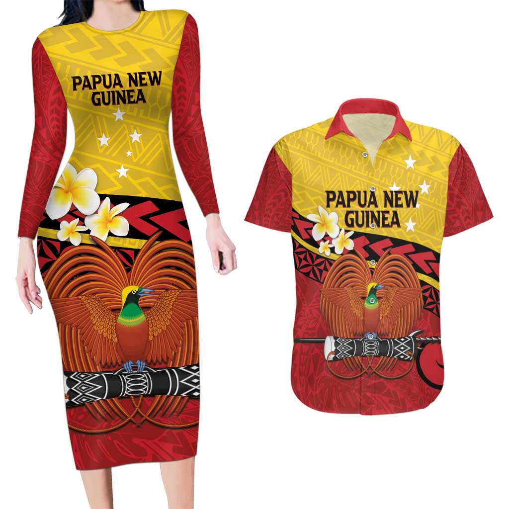 Papua New Guinea Independence Day Couples Matching Long Sleeve Bodycon Dress and Hawaiian Shirt Since 1975 Unity In Diversity LT14 Red - Polynesian Pride