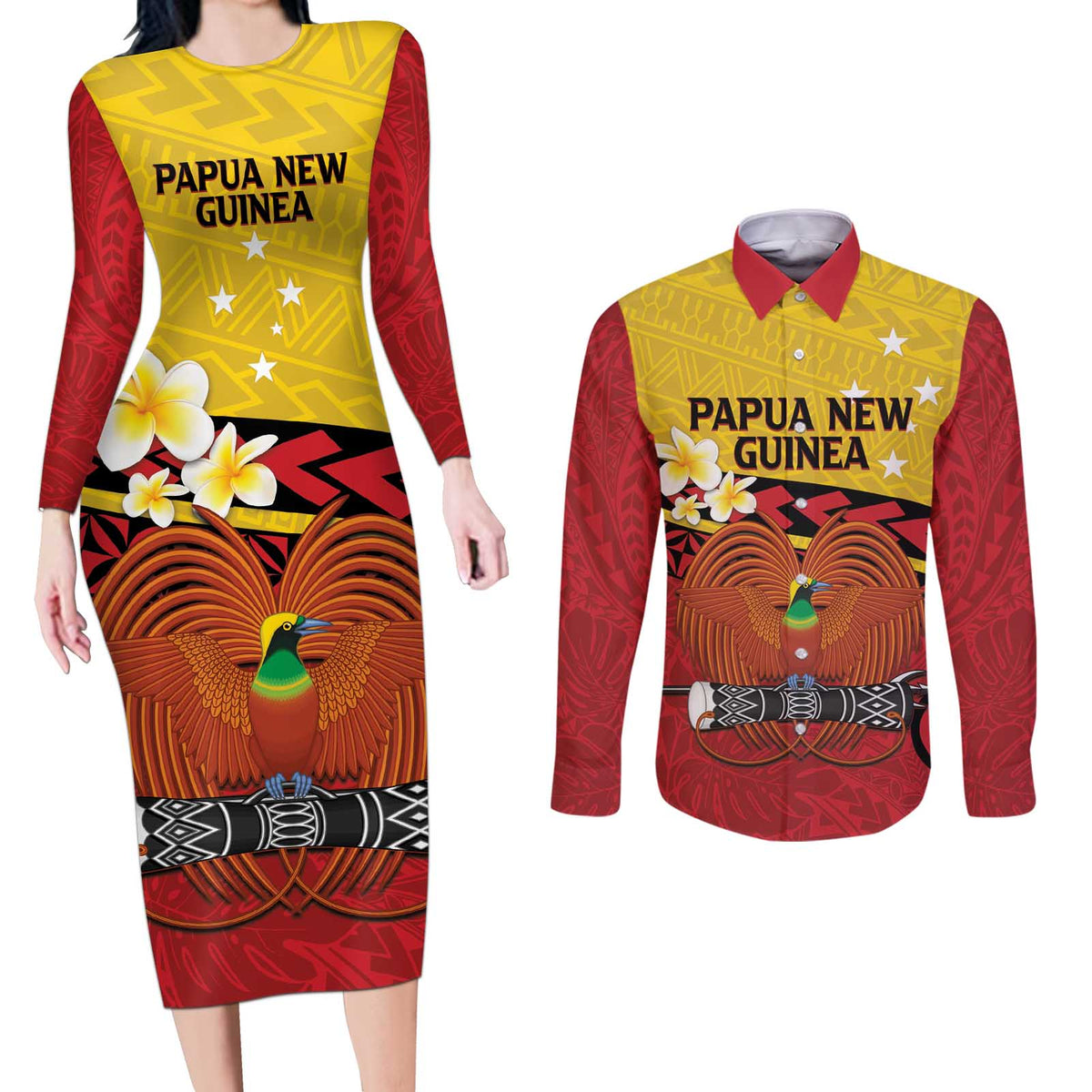 Papua New Guinea Independence Day Couples Matching Long Sleeve Bodycon Dress and Long Sleeve Button Shirt Since 1975 Unity In Diversity LT14 Red - Polynesian Pride