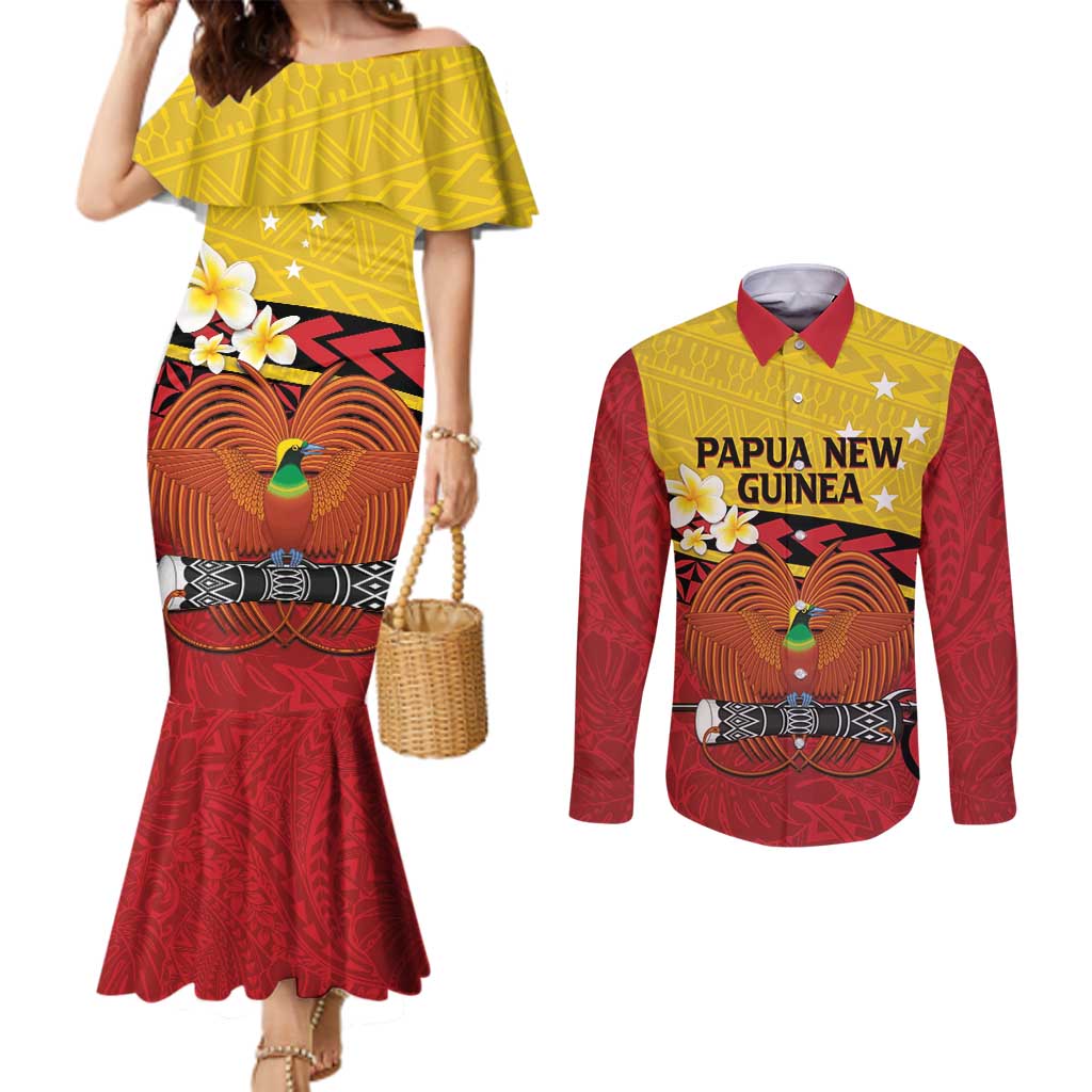 Papua New Guinea Independence Day Couples Matching Mermaid Dress and Long Sleeve Button Shirt Since 1975 Unity In Diversity LT14 Red - Polynesian Pride