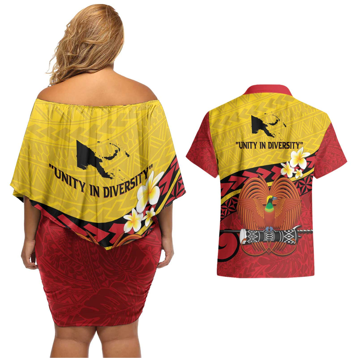 Papua New Guinea Independence Day Couples Matching Off Shoulder Short Dress and Hawaiian Shirt Since 1975 Unity In Diversity LT14 - Polynesian Pride