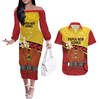Papua New Guinea Independence Day Couples Matching Off The Shoulder Long Sleeve Dress and Hawaiian Shirt Since 1975 Unity In Diversity LT14 Red - Polynesian Pride