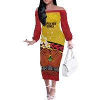 Papua New Guinea Independence Day Off The Shoulder Long Sleeve Dress Since 1975 Unity In Diversity LT14 Women Red - Polynesian Pride