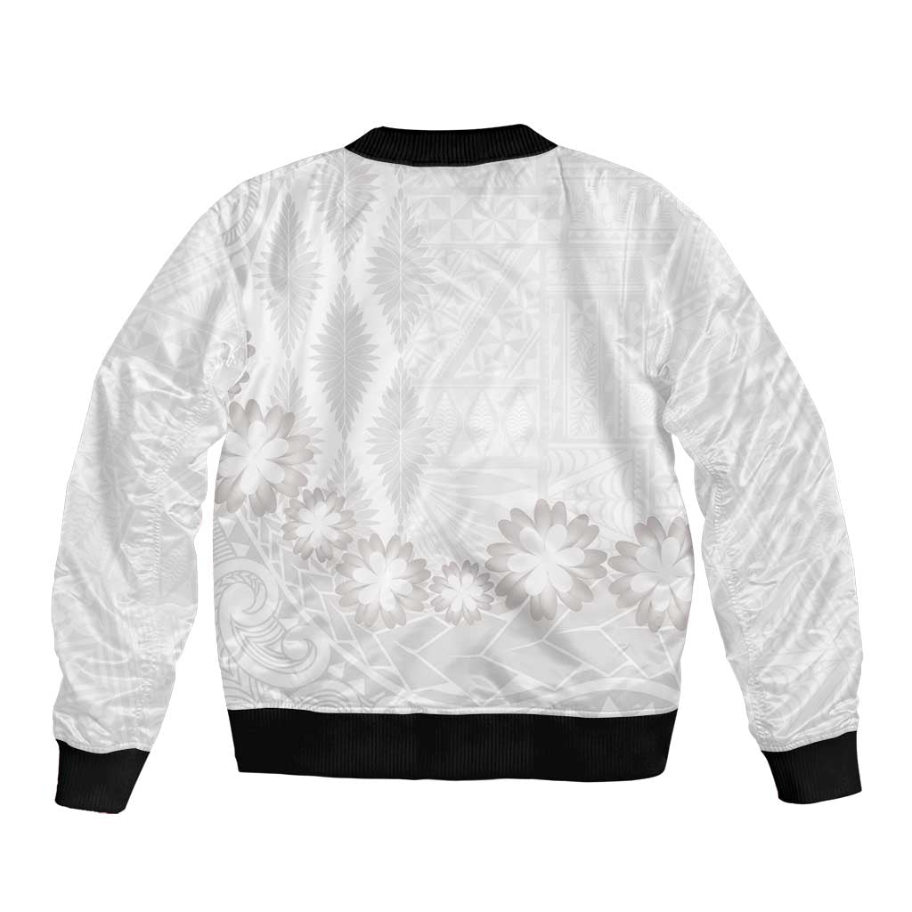 Tonga White Sunday Bomber Jacket Manuia le Aso Sa o Tamaiti Heilala With Ngatu Pattern