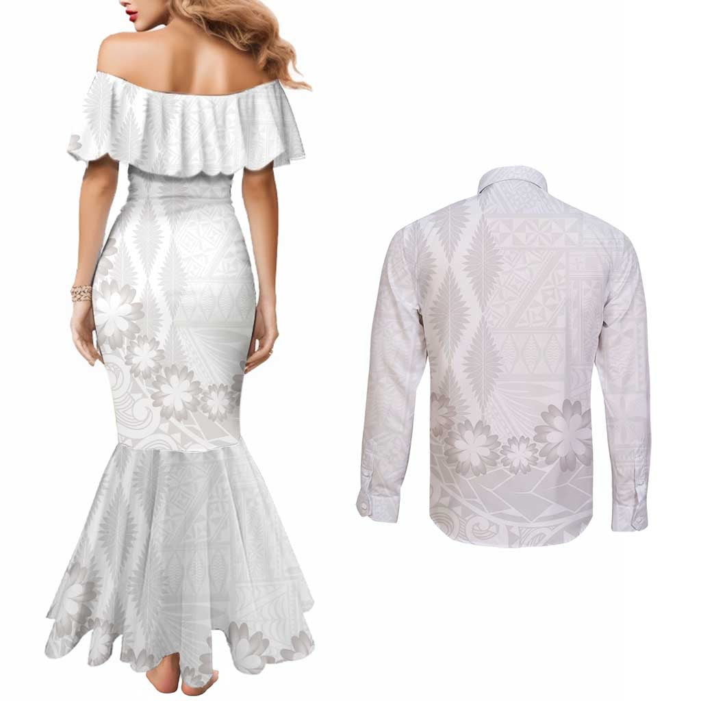 Tonga White Sunday Couples Matching Mermaid Dress and Long Sleeve Button Shirt Manuia le Aso Sa o Tamaiti Heilala With Ngatu Pattern