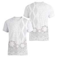Tonga White Sunday Women V-Neck T-Shirt Manuia le Aso Sa o Tamaiti Heilala With Ngatu Pattern