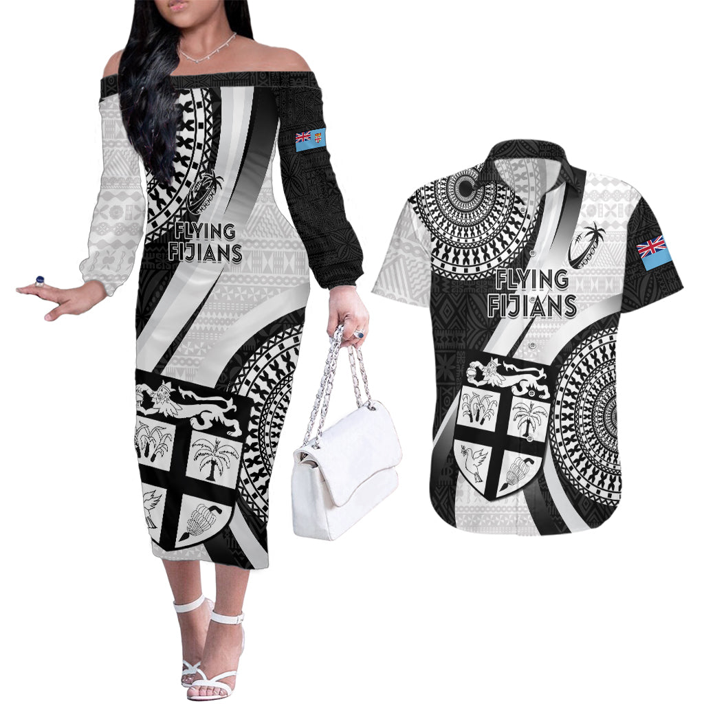 Fiji Rugby Couples Matching Off The Shoulder Long Sleeve Dress and Hawaiian Shirt World Cup 2023 Go Champions Fijian Tapa Black Version LT14 Black - Polynesian Pride