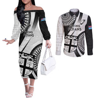Fiji Rugby Couples Matching Off The Shoulder Long Sleeve Dress and Long Sleeve Button Shirts World Cup 2023 Go Champions Fijian Tapa Black Version LT14 Black - Polynesian Pride
