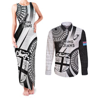 Fiji Rugby Couples Matching Tank Maxi Dress and Long Sleeve Button Shirts World Cup 2023 Go Champions Fijian Tapa Black Version LT14 Black - Polynesian Pride