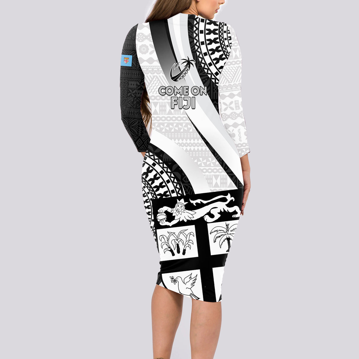 Fiji Rugby Long Sleeve Bodycon Dress World Cup 2023 Go Champions Fijian Tapa Black Version LT14 - Polynesian Pride