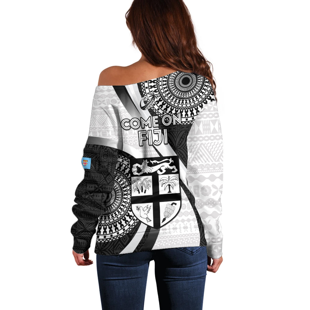 Fiji Rugby Off Shoulder Sweater World Cup 2023 Go Champions Fijian Tapa Black Version LT14 - Polynesian Pride