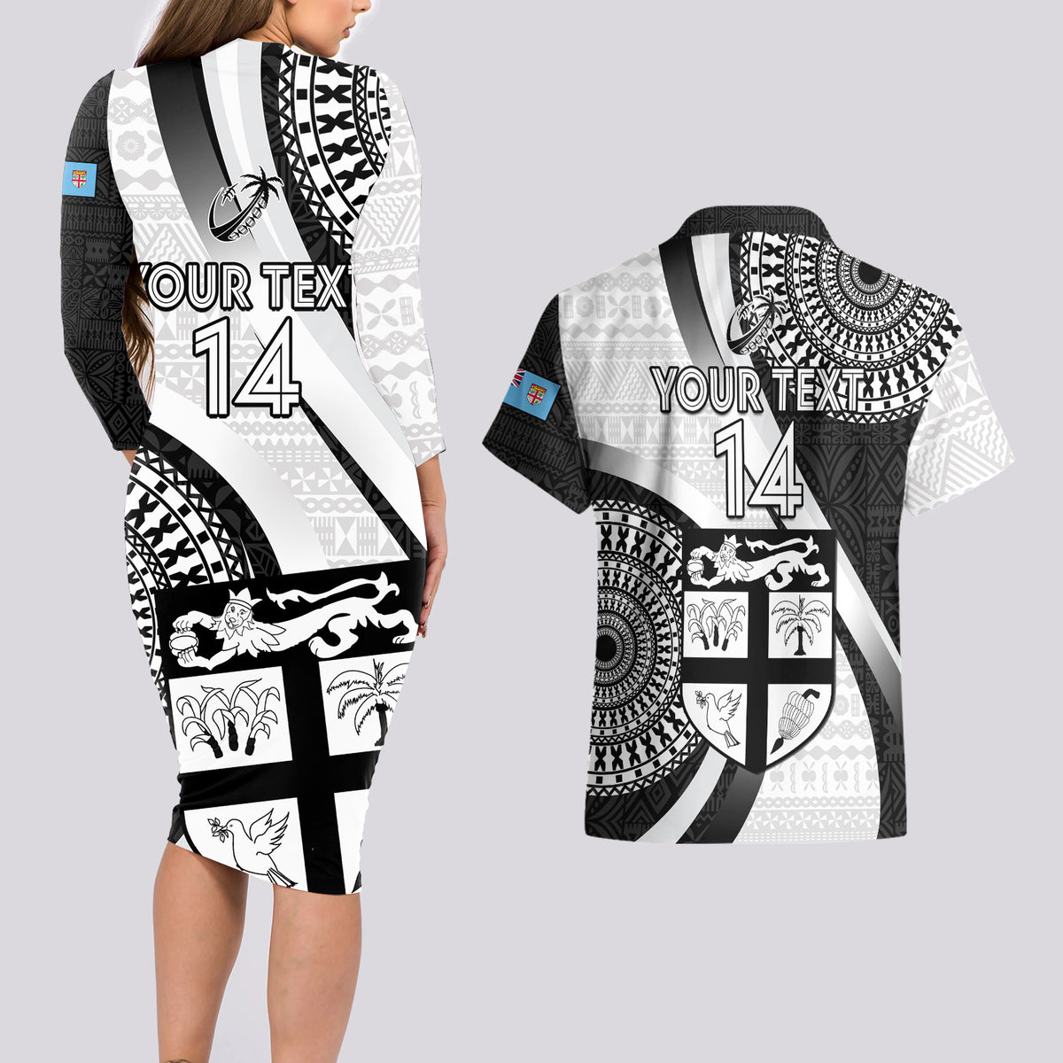 Custom Fiji Rugby Couples Matching Long Sleeve Bodycon Dress and Hawaiian Shirt World Cup 2023 Go Champions Fijian Tapa Black Version LT14 - Polynesian Pride