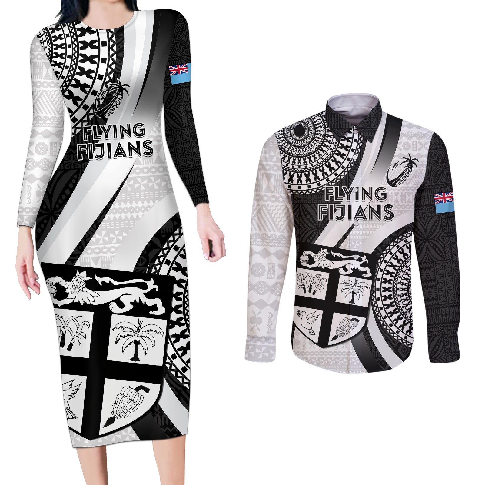 Custom Fiji Rugby Couples Matching Long Sleeve Bodycon Dress and Long Sleeve Button Shirts World Cup 2023 Go Champions Fijian Tapa Black Version LT14 Black - Polynesian Pride