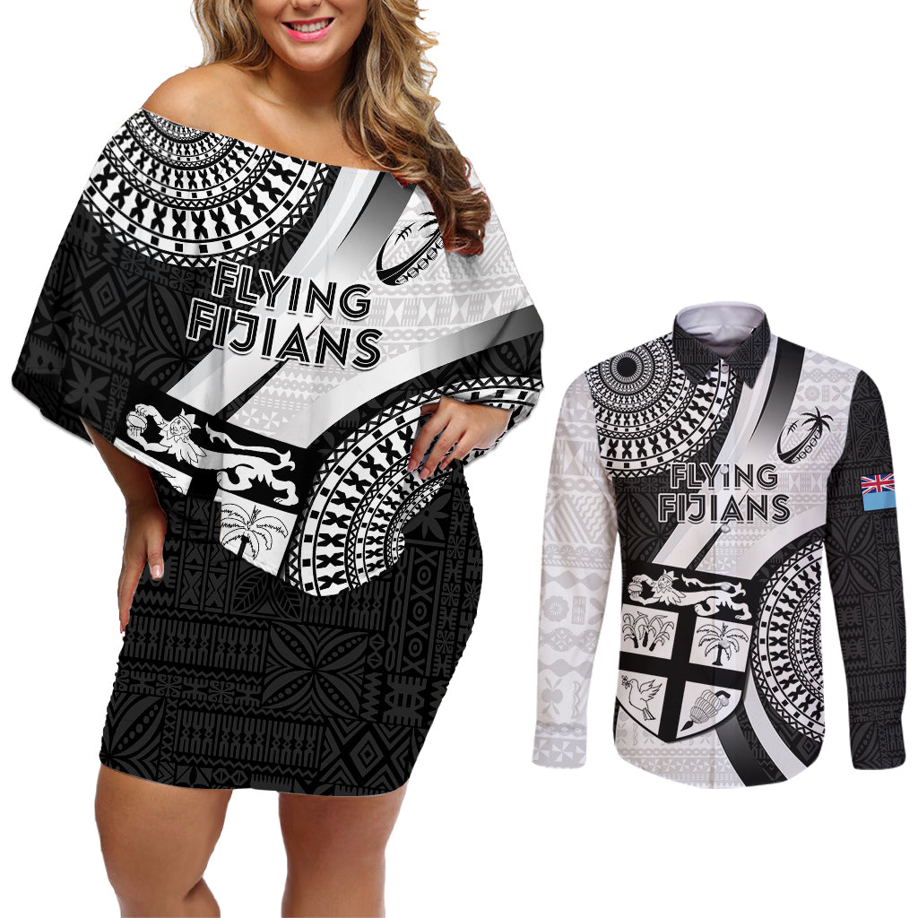 Custom Fiji Rugby Couples Matching Off Shoulder Short Dress and Long Sleeve Button Shirts World Cup 2023 Go Champions Fijian Tapa Black Version LT14 Black - Polynesian Pride