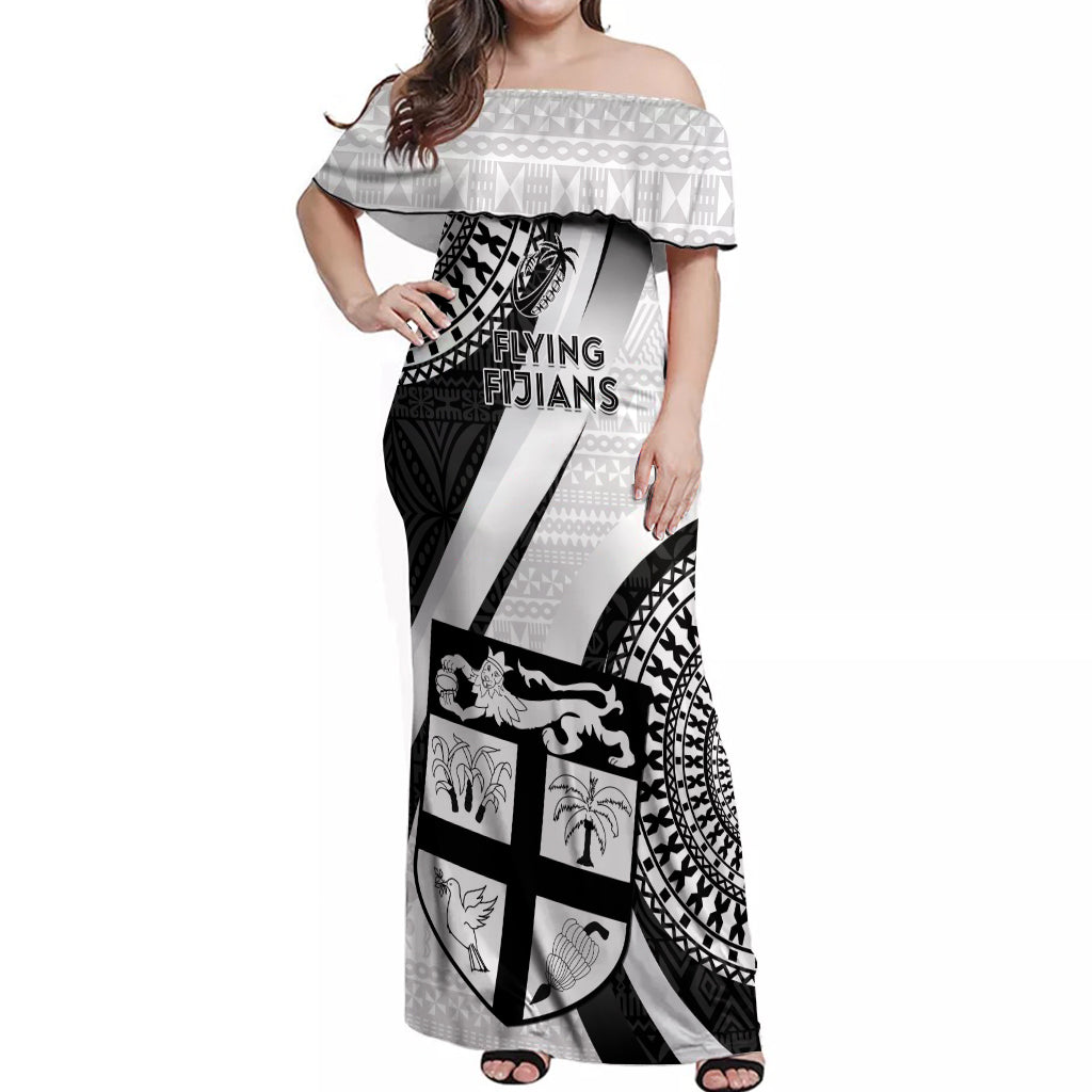 Custom Fiji Rugby Off Shoulder Maxi Dress World Cup 2023 Go Champions Fijian Tapa Black Version LT14 Women Black - Polynesian Pride