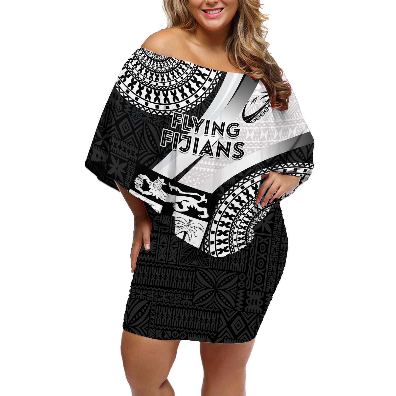 Custom Fiji Rugby Off Shoulder Short Dress World Cup 2023 Go Champions Fijian Tapa Black Version LT14 Women Black - Polynesian Pride