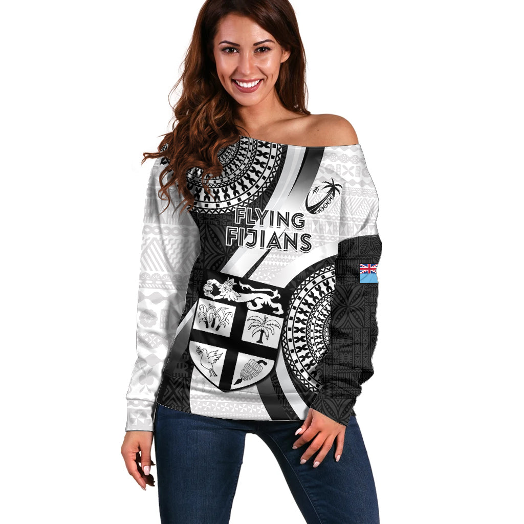 Custom Fiji Rugby Off Shoulder Sweater World Cup 2023 Go Champions Fijian Tapa Black Version LT14 Women Black - Polynesian Pride