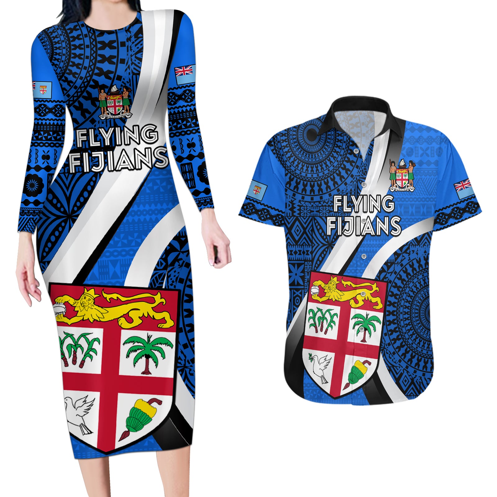 Fiji Rugby Couples Matching Long Sleeve Bodycon Dress and Hawaiian Shirt World Cup 2023 Go Champions Fijian Tapa Blue Version LT14 Blue - Polynesian Pride