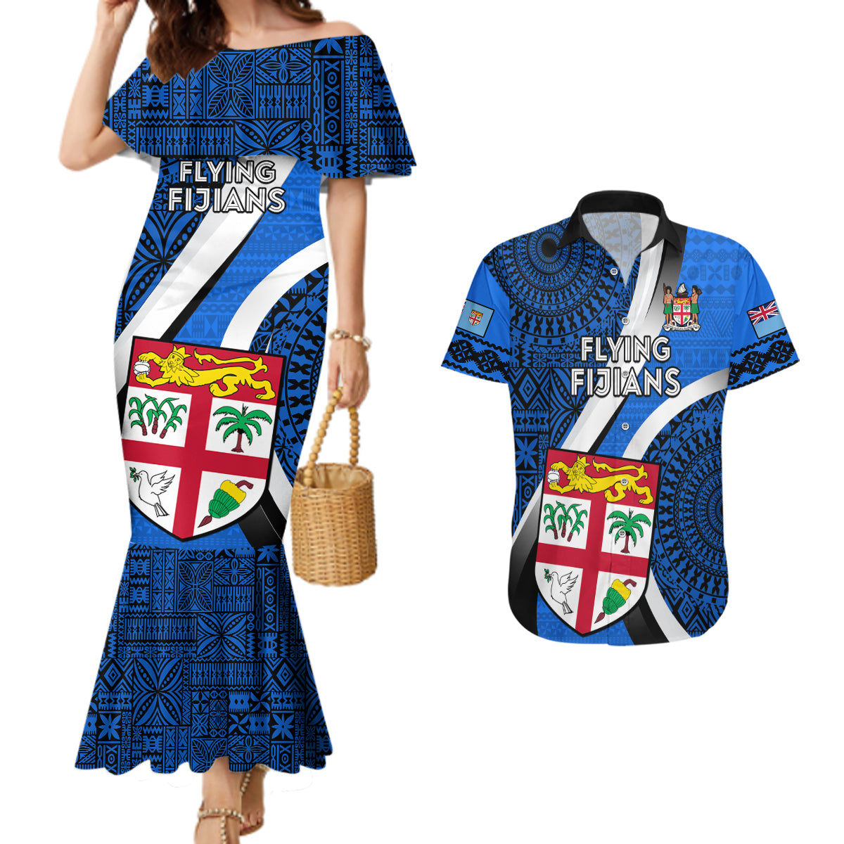 Fiji Rugby Couples Matching Mermaid Dress and Hawaiian Shirt World Cup 2023 Go Champions Fijian Tapa Blue Version LT14 Blue - Polynesian Pride