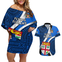 Fiji Rugby Couples Matching Off Shoulder Short Dress and Hawaiian Shirt World Cup 2023 Go Champions Fijian Tapa Blue Version LT14 Blue - Polynesian Pride
