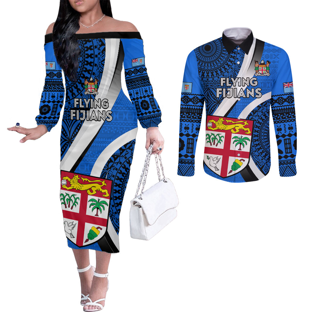 Fiji Rugby Couples Matching Off The Shoulder Long Sleeve Dress and Long Sleeve Button Shirts World Cup 2023 Go Champions Fijian Tapa Blue Version LT14 Blue - Polynesian Pride