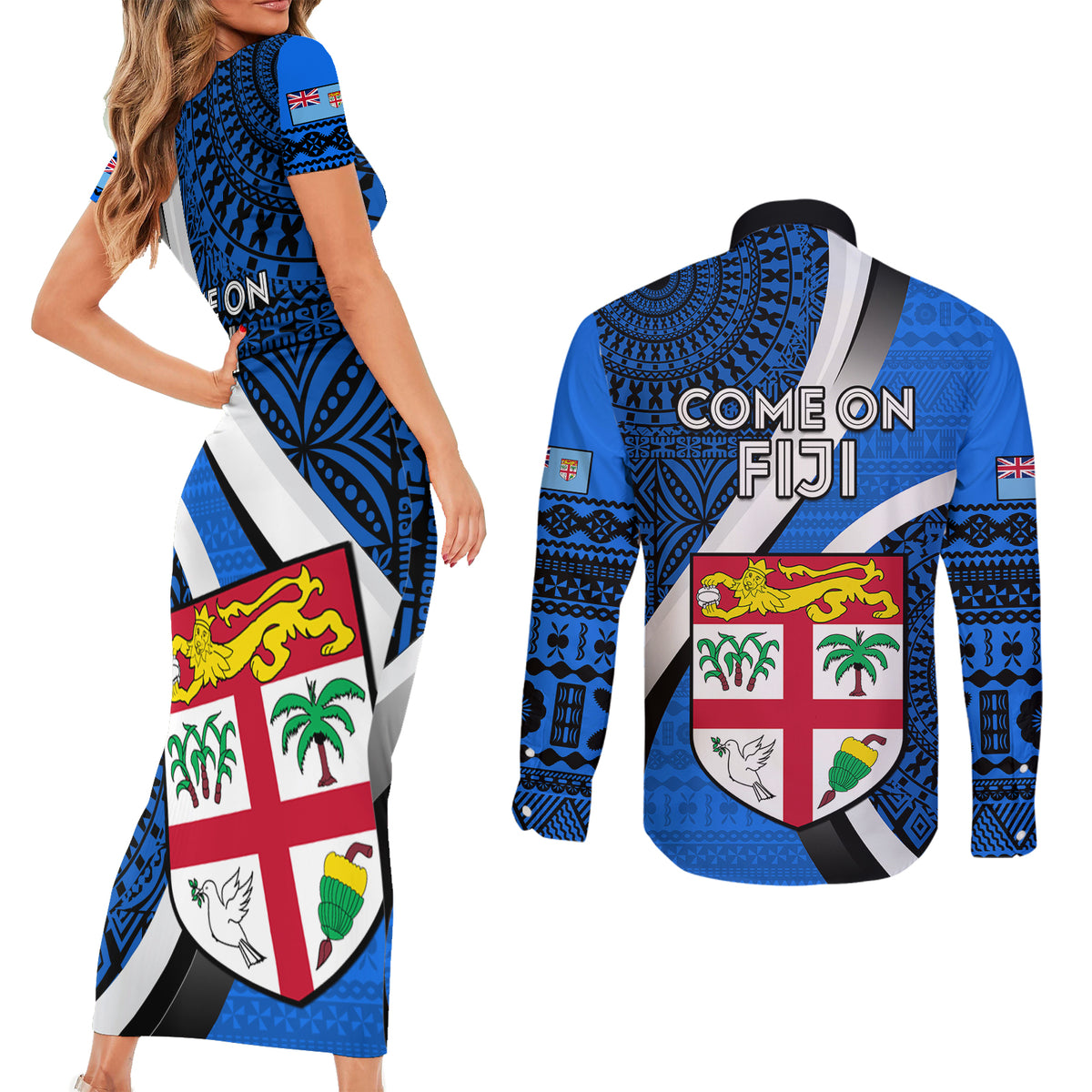 Fiji Rugby Couples Matching Short Sleeve Bodycon Dress and Long Sleeve Button Shirts World Cup 2023 Go Champions Fijian Tapa Blue Version LT14 - Polynesian Pride