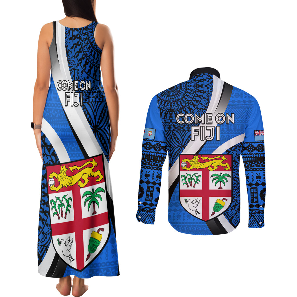 Fiji Rugby Couples Matching Tank Maxi Dress and Long Sleeve Button Shirts World Cup 2023 Go Champions Fijian Tapa Blue Version LT14 - Polynesian Pride