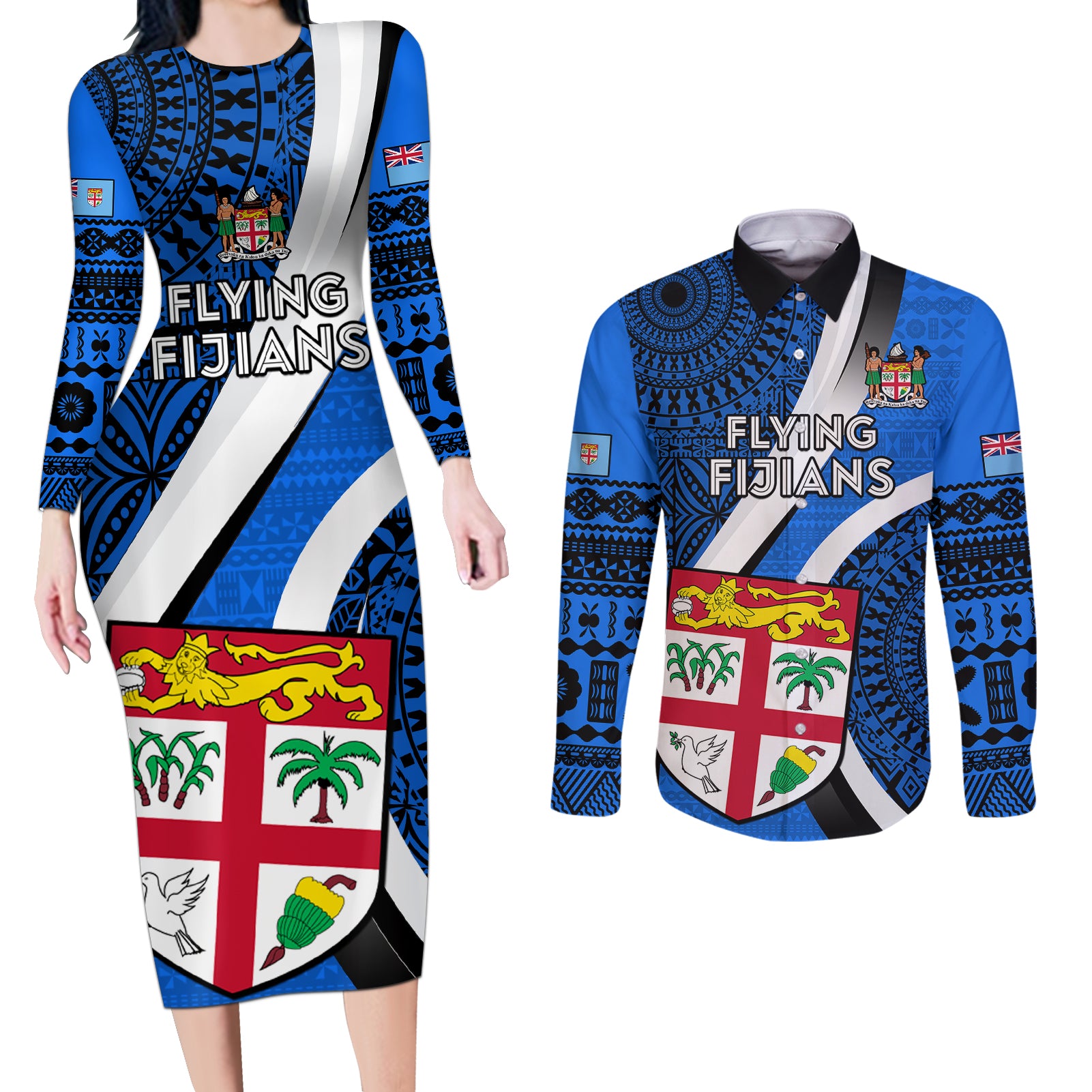 Custom Fiji Rugby Couples Matching Long Sleeve Bodycon Dress and Long Sleeve Button Shirts World Cup 2023 Go Champions Fijian Tapa Blue Version LT14 Blue - Polynesian Pride