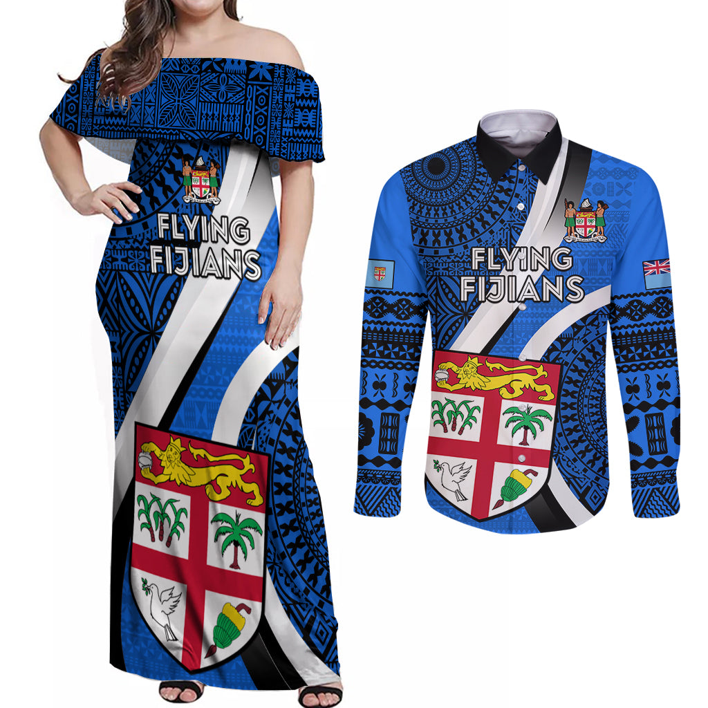 Custom Fiji Rugby Couples Matching Off Shoulder Maxi Dress and Long Sleeve Button Shirts World Cup 2023 Go Champions Fijian Tapa Blue Version LT14 Blue - Polynesian Pride