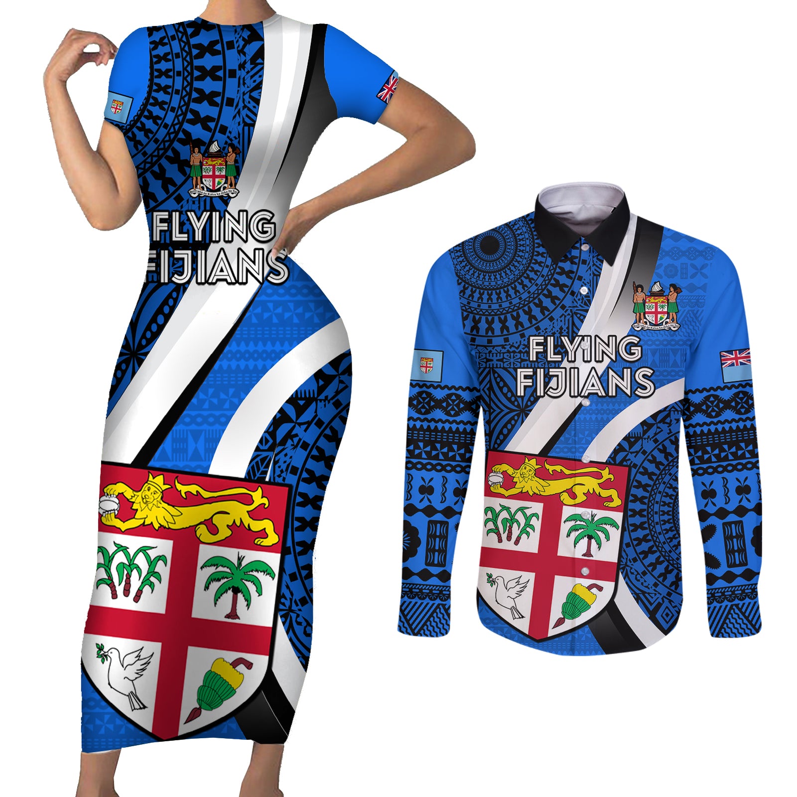 Custom Fiji Rugby Couples Matching Short Sleeve Bodycon Dress and Long Sleeve Button Shirts World Cup 2023 Go Champions Fijian Tapa Blue Version LT14 Blue - Polynesian Pride
