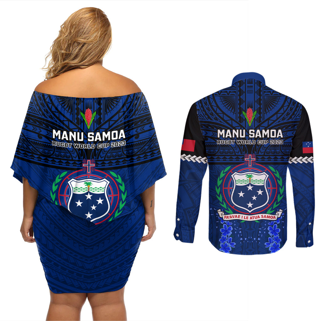 Samoa Rugby Couples Matching Off Shoulder Short Dress and Long Sleeve Button Shirts World Cup 2023 Go Champions Manu Samoa LT14 - Polynesian Pride