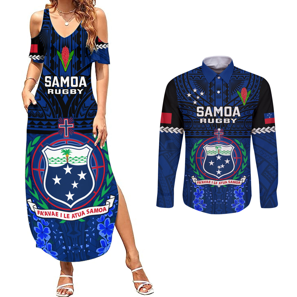 Samoa Rugby Couples Matching Summer Maxi Dress and Long Sleeve Button Shirts World Cup 2023 Go Champions Manu Samoa LT14 Blue - Polynesian Pride