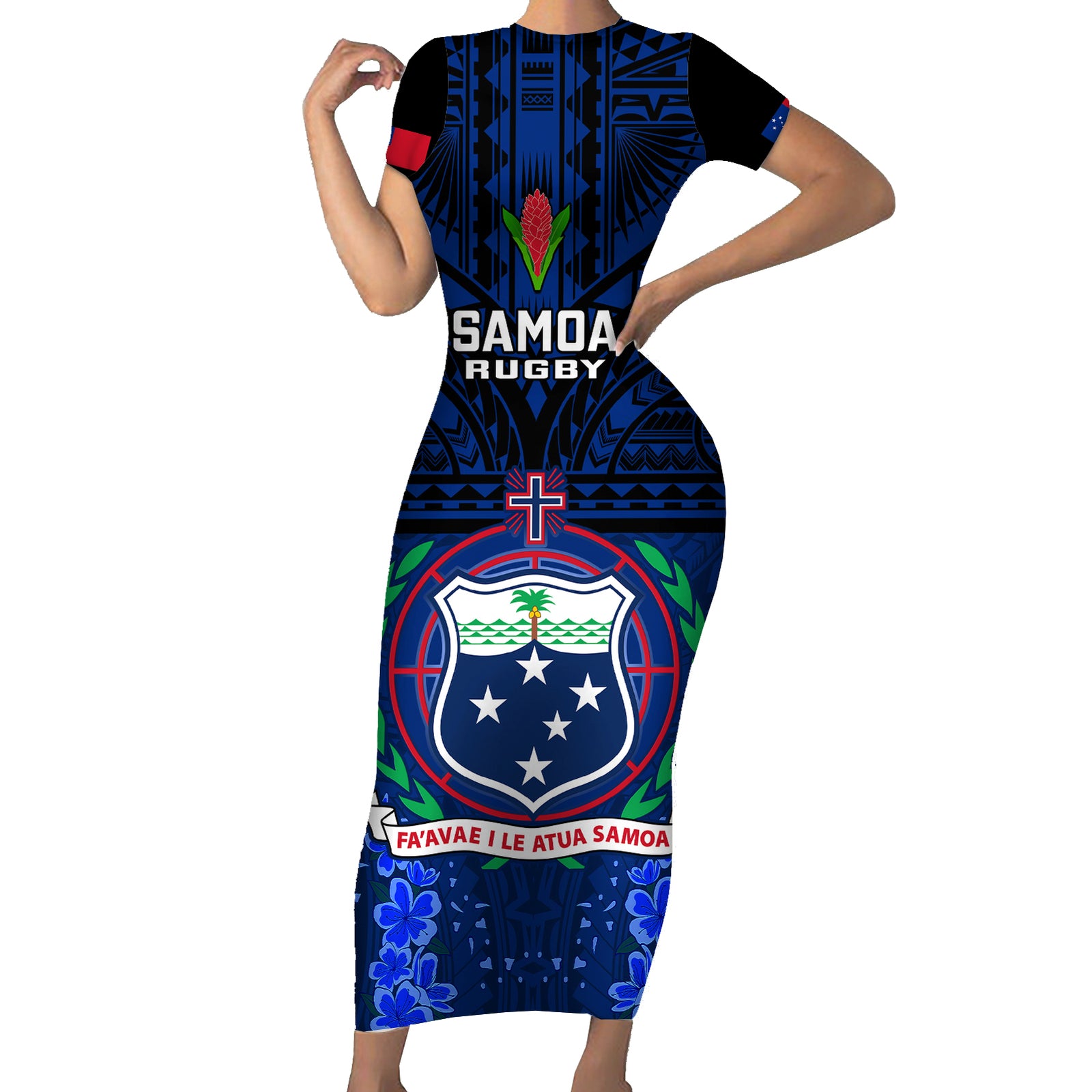 Samoa Rugby Short Sleeve Bodycon Dress World Cup 2023 Go Champions Manu Samoa LT14 Long Dress Blue - Polynesian Pride