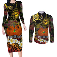 Papua New Guinea 50th Independence Anniversary Couples Matching Long Sleeve Bodycon Dress and Long Sleeve Button Shirt Independen Stet bilong Papua Niu Gini LT14 Black - Polynesian Pride