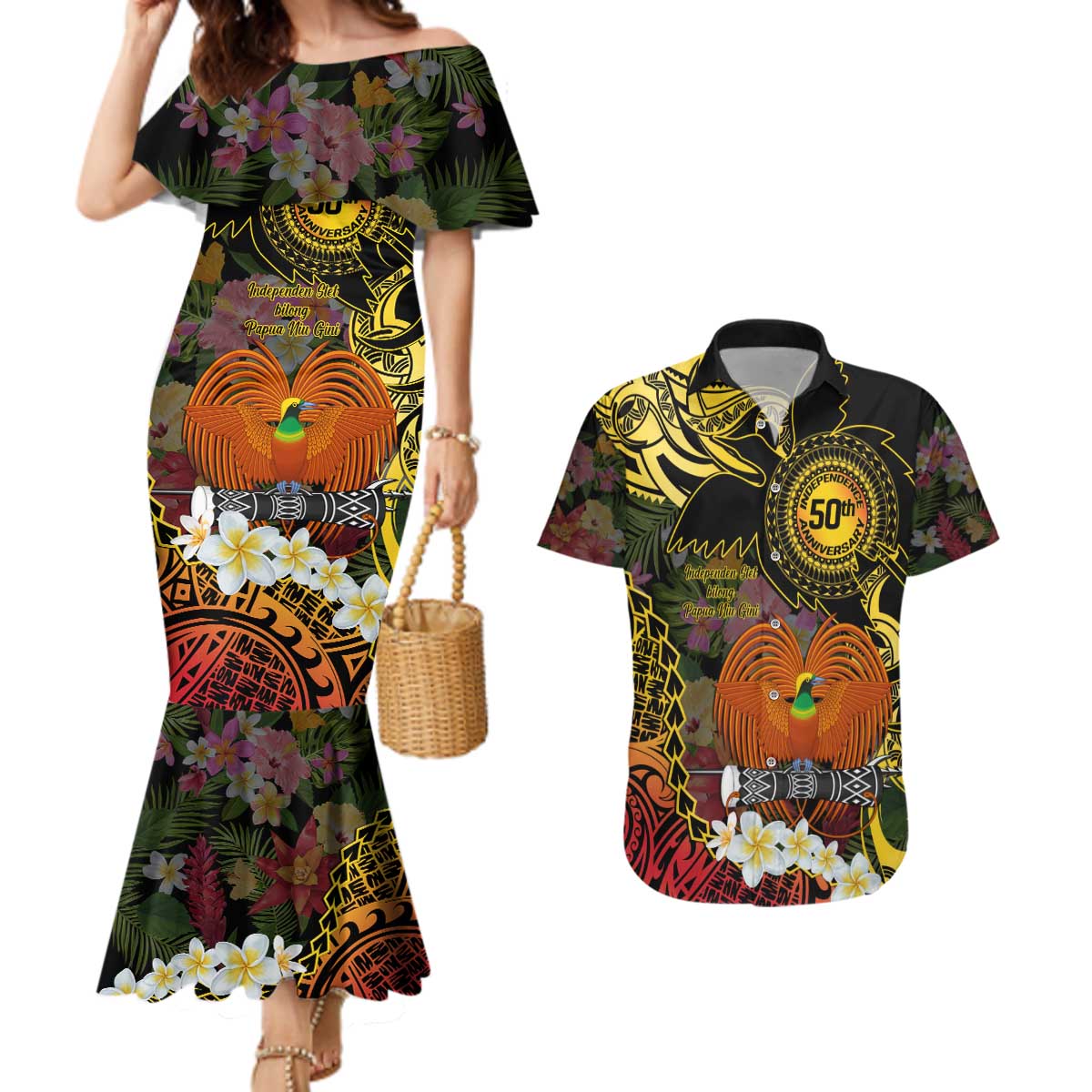 Papua New Guinea 50th Independence Anniversary Couples Matching Mermaid Dress and Hawaiian Shirt Independen Stet bilong Papua Niu Gini LT14 Black - Polynesian Pride