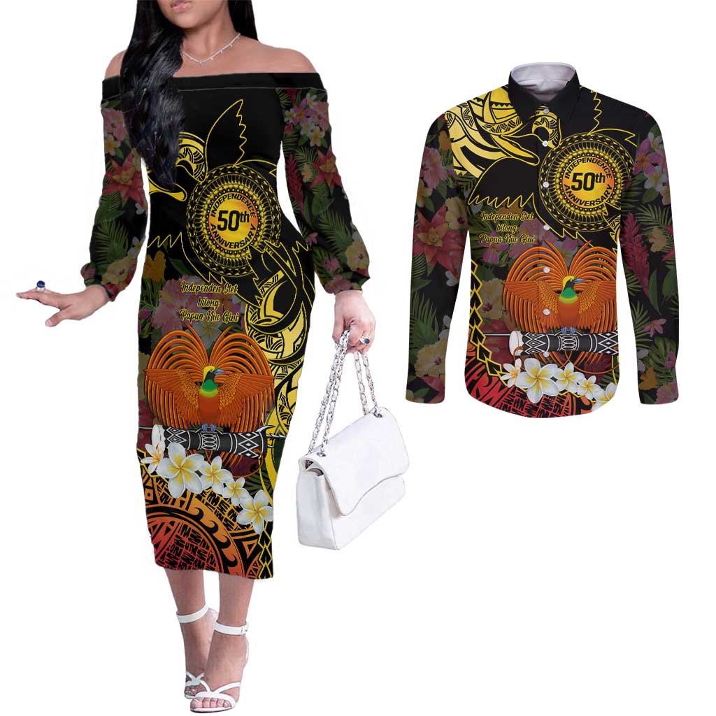 Papua New Guinea 50th Independence Anniversary Couples Matching Off The Shoulder Long Sleeve Dress and Long Sleeve Button Shirt Independen Stet bilong Papua Niu Gini LT14