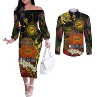 Papua New Guinea 50th Independence Anniversary Couples Matching Off The Shoulder Long Sleeve Dress and Long Sleeve Button Shirt Independen Stet bilong Papua Niu Gini LT14 Black - Polynesian Pride