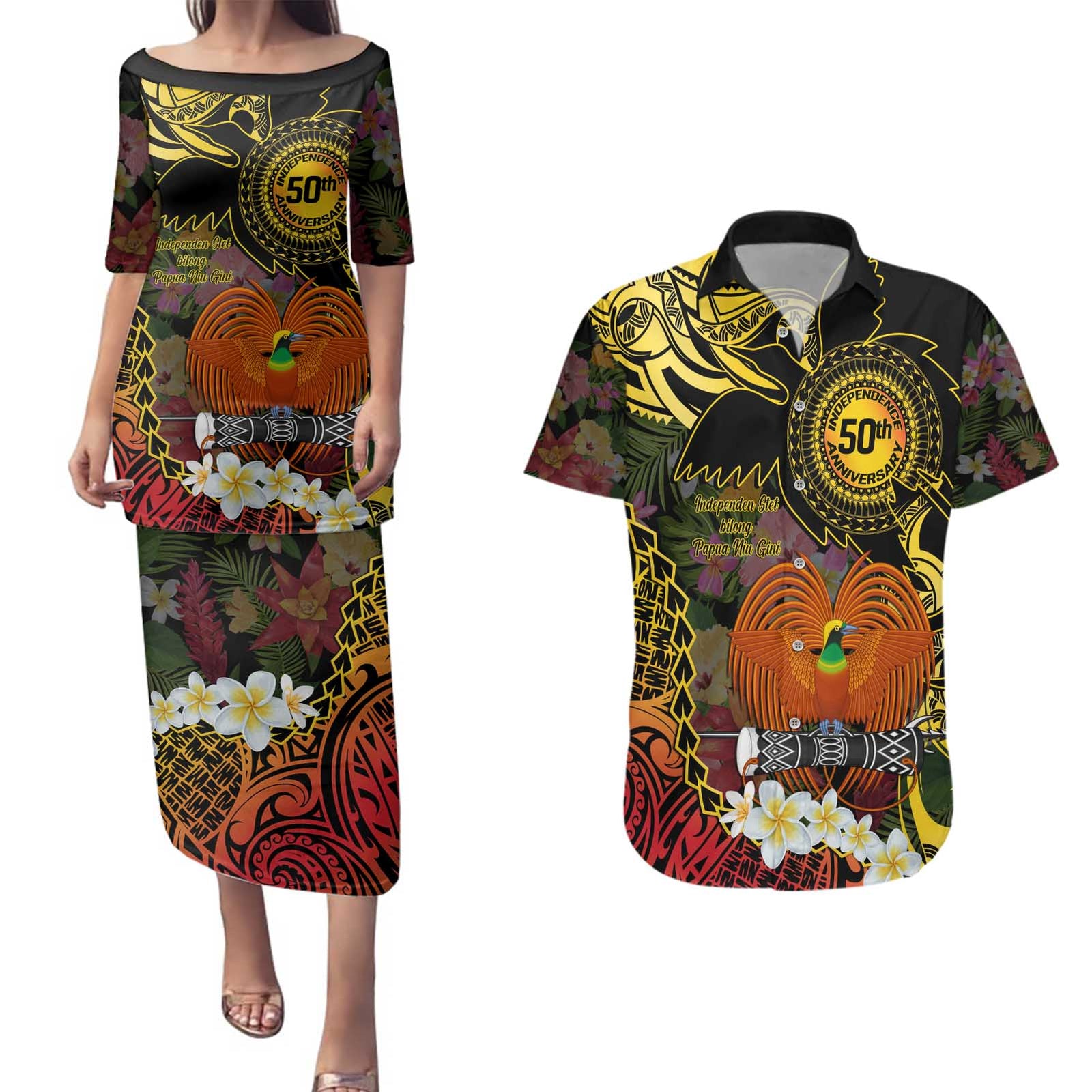 Papua New Guinea 50th Independence Anniversary Couples Matching Puletasi and Hawaiian Shirt Independen Stet bilong Papua Niu Gini LT14