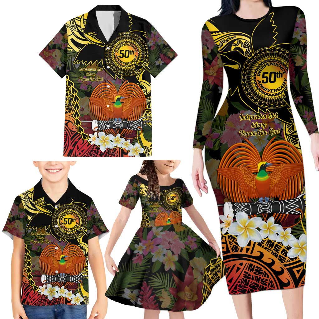 Papua New Guinea 50th Independence Anniversary Family Matching Long Sleeve Bodycon Dress and Hawaiian Shirt Independen Stet bilong Papua Niu Gini LT14