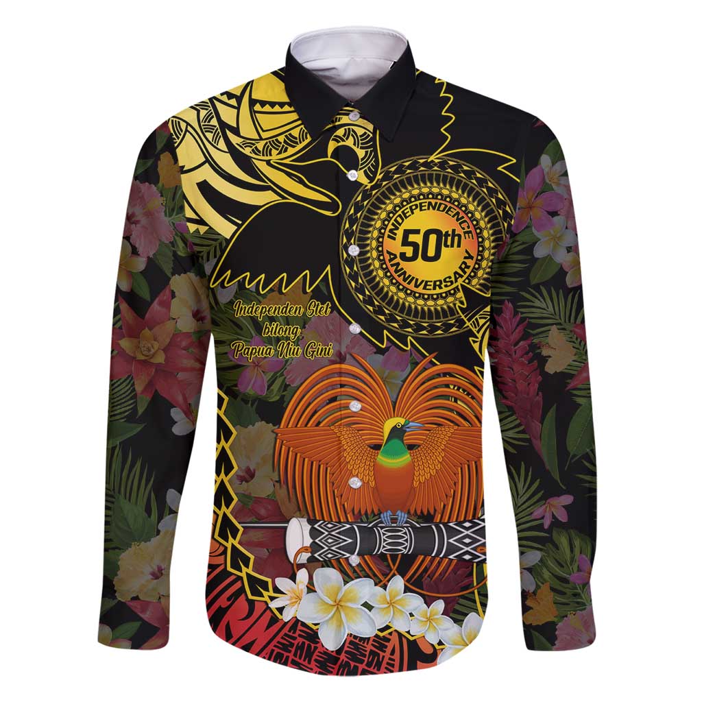 Papua New Guinea 50th Independence Anniversary Family Matching Mermaid Dress and Hawaiian Shirt Independen Stet bilong Papua Niu Gini LT14 Dad's Shirt - Long Sleeve Black - Polynesian Pride