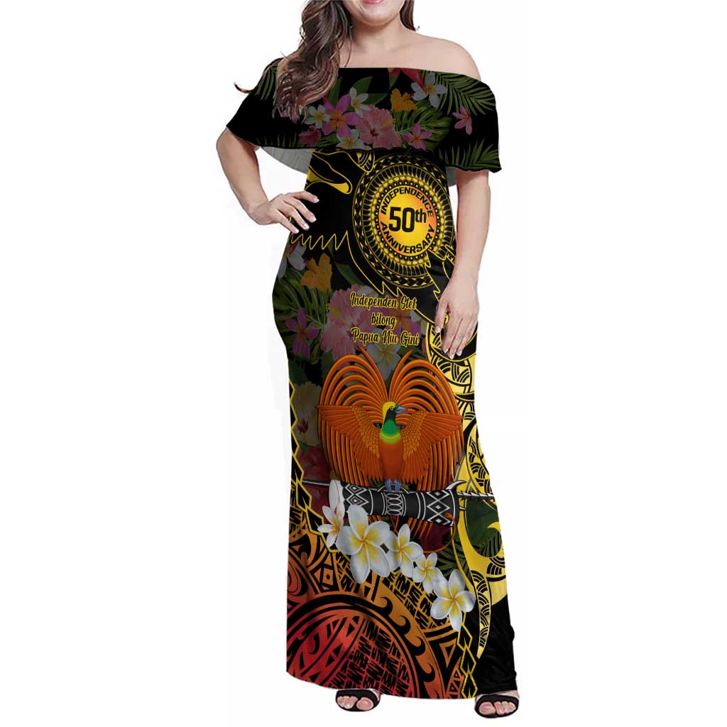 Papua New Guinea 50th Independence Anniversary Family Matching Off Shoulder Maxi Dress and Hawaiian Shirt Independen Stet bilong Papua Niu Gini LT14 Mom's Dress Black - Polynesian Pride