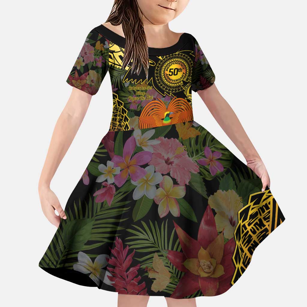 Papua New Guinea 50th Independence Anniversary Family Matching Puletasi and Hawaiian Shirt Independen Stet bilong Papua Niu Gini LT14 Daughter's Dress Black - Polynesian Pride
