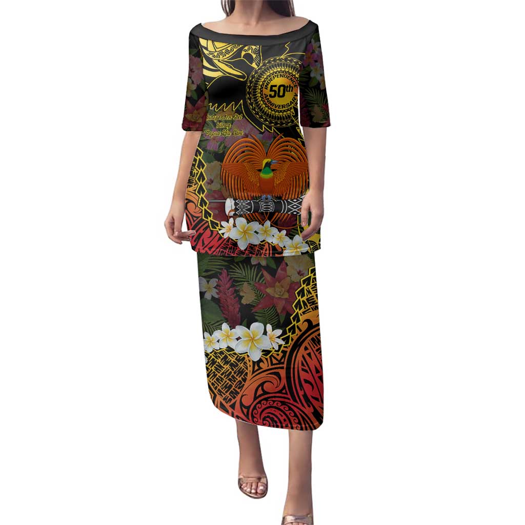 Papua New Guinea 50th Independence Anniversary Family Matching Puletasi and Hawaiian Shirt Independen Stet bilong Papua Niu Gini LT14 Mom's Dress Black - Polynesian Pride