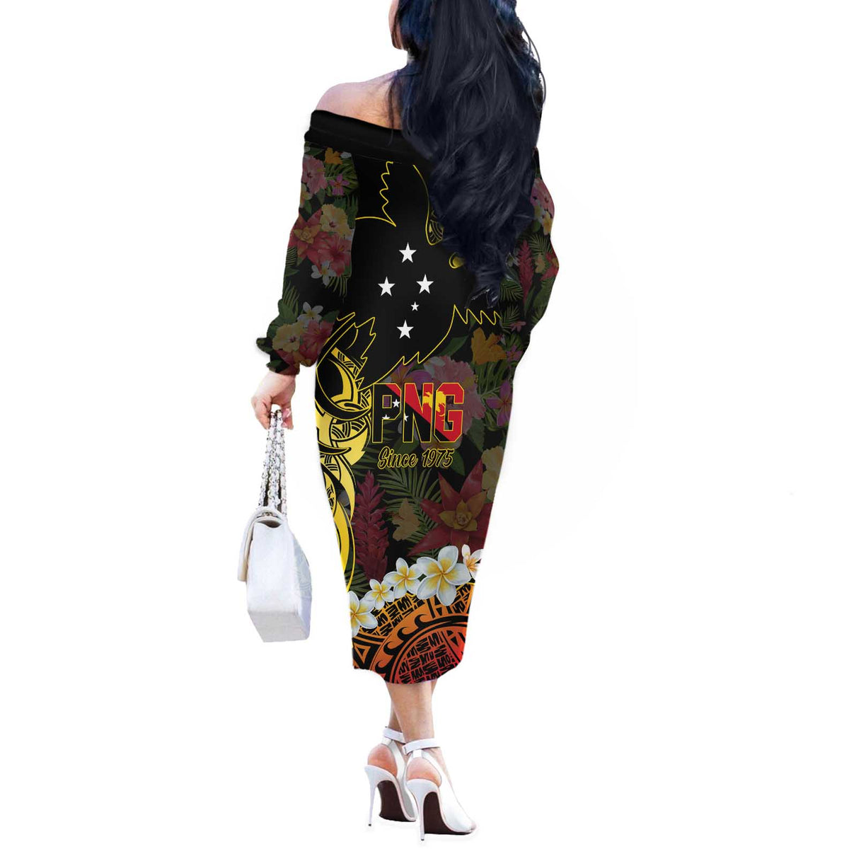 Papua New Guinea 50th Independence Anniversary Off The Shoulder Long Sleeve Dress Independen Stet bilong Papua Niu Gini LT14