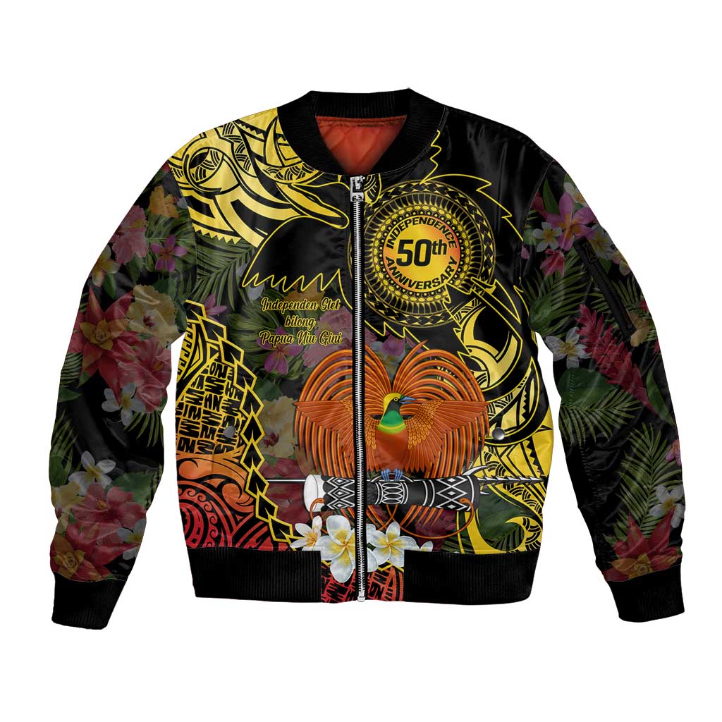Papua New Guinea 50th Independence Anniversary Sleeve Zip Bomber Jacket Independen Stet bilong Papua Niu Gini LT14 Unisex Black - Polynesian Pride