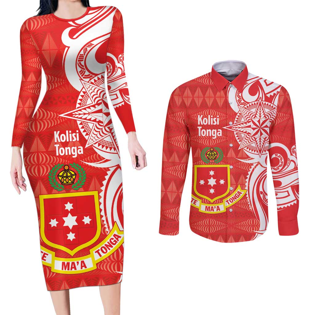 Personalised Kolisi Tonga Couples Matching Long Sleeve Bodycon Dress and Long Sleeve Button Shirt Mate Maa Tonga Ngatu Pattern - Polynesian Pride