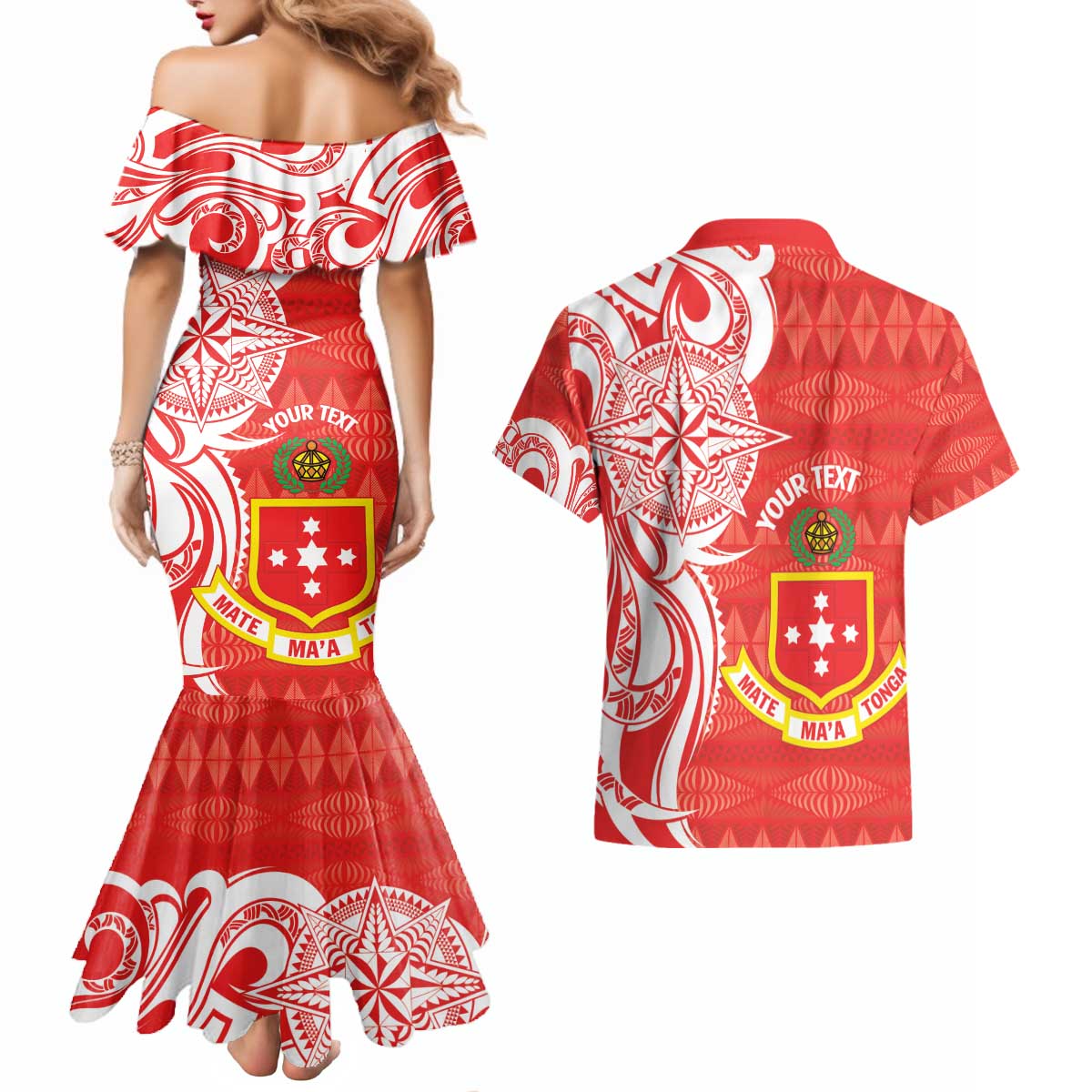 Personalised Kolisi Tonga Couples Matching Mermaid Dress and Hawaiian Shirt Mate Maa Tonga Ngatu Pattern - Polynesian Pride
