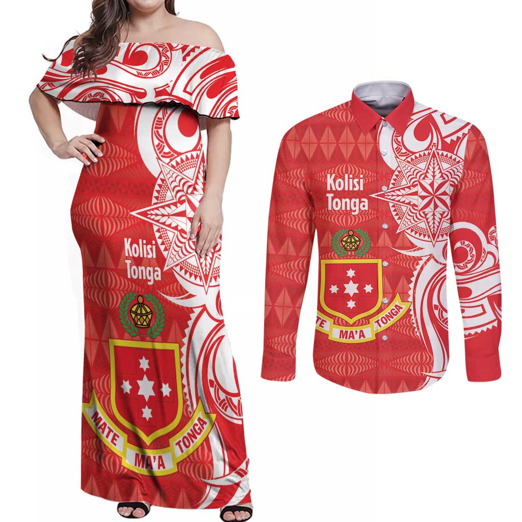Personalised Kolisi Tonga Couples Matching Off Shoulder Maxi Dress and Long Sleeve Button Shirt Mate Maa Tonga Ngatu Pattern - Polynesian Pride